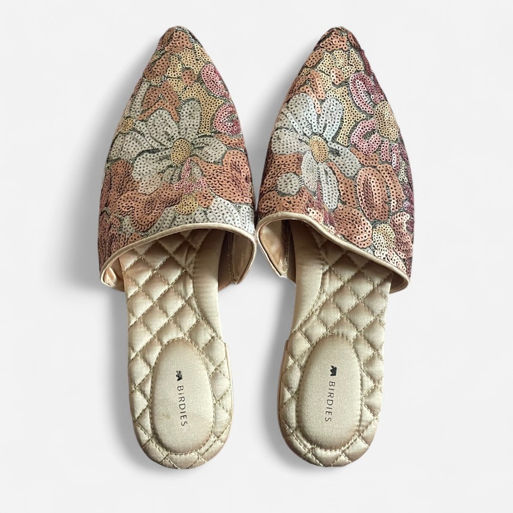 Birdies The Dove Pink Petal Floral Sequin Pointed Toe Mules Flats in Size 10.5